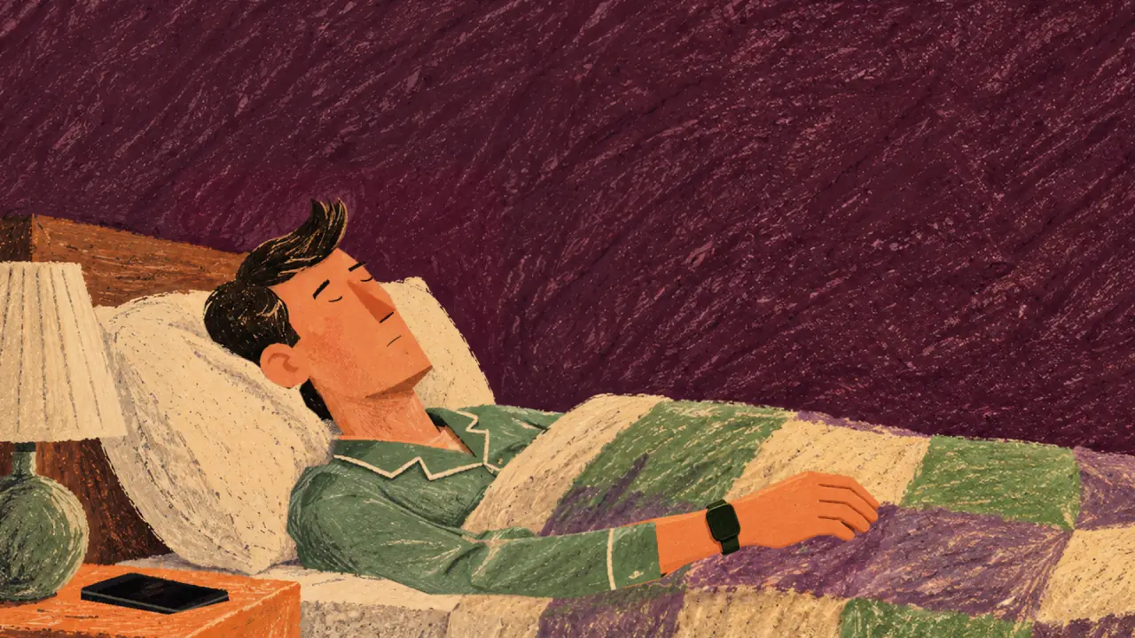 A man sleeps peacefully under a patchwork quilt, the bedside lamp still glowing. His watch is on his wrist; his phone lies on the nightstand.
