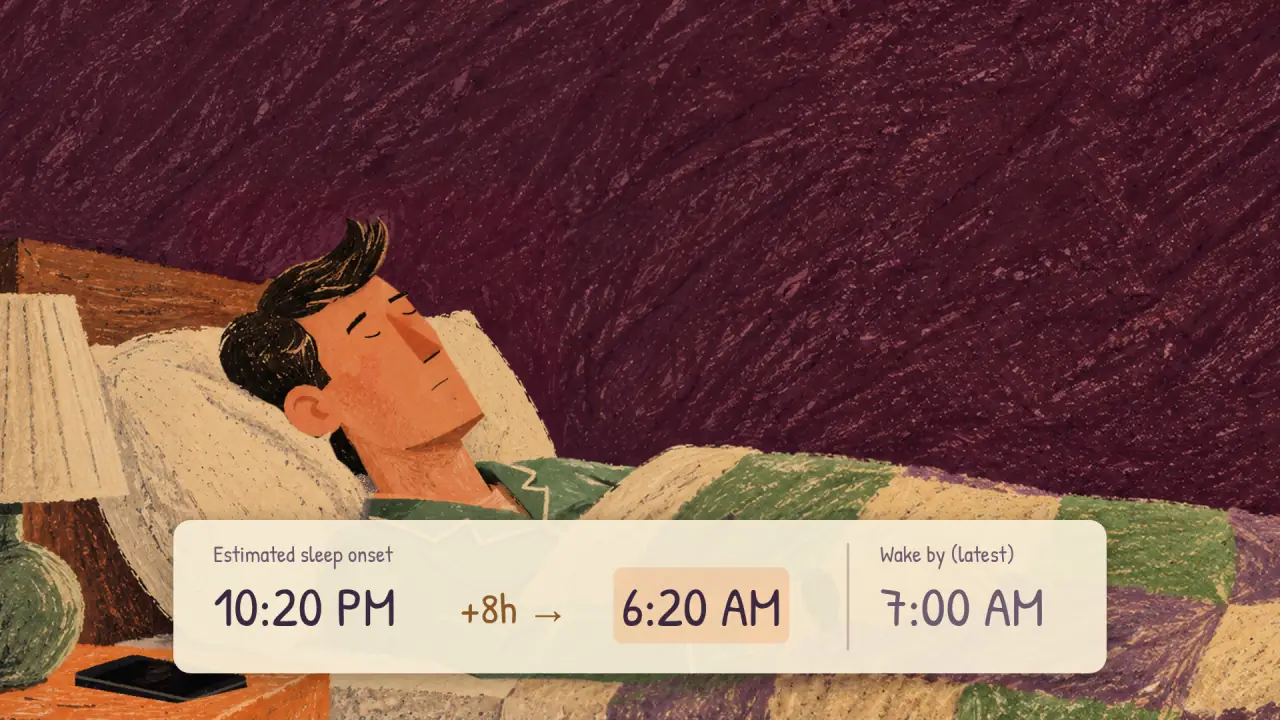 Asleep. A card from the film: estimated sleep onset 10:20 PM, plus 8 hours, 6:20 AM. Wake by, at the latest, 7:00 AM.