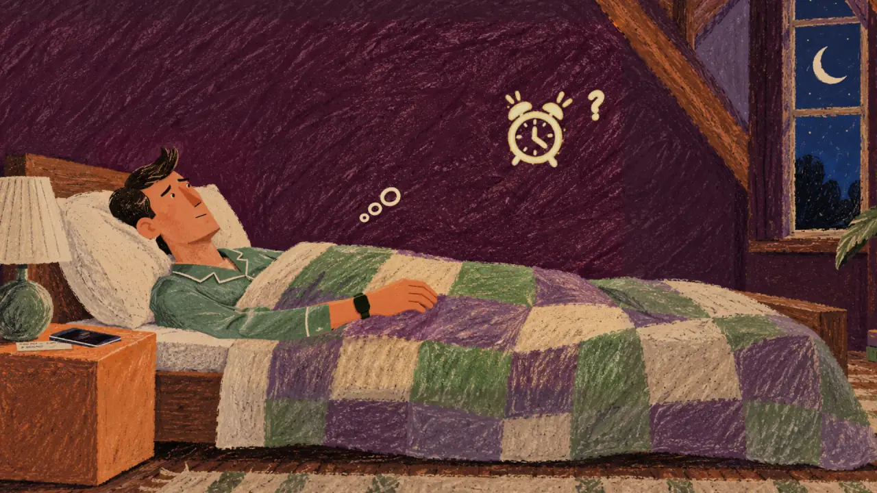 Still awake in the dark. A crayon alarm clock and a question mark float above him.