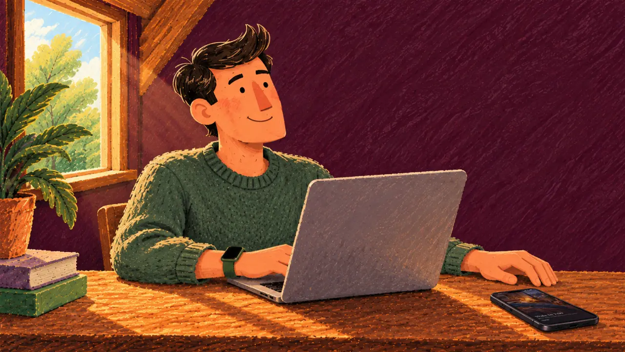 Daytime at his desk, smiling at a laptop. The Euhora home screen glows on the phone beside him: the painted bedroom, Wake by 7:00.