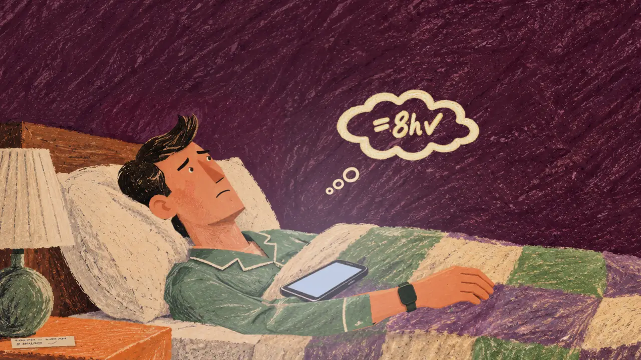 Lying with the lit phone on his chest. A thought cloud: equals 8 hours, check.