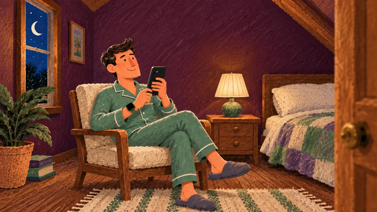Evening. In green pajamas, he sits in an armchair by a warm lamp, smiling at his phone.