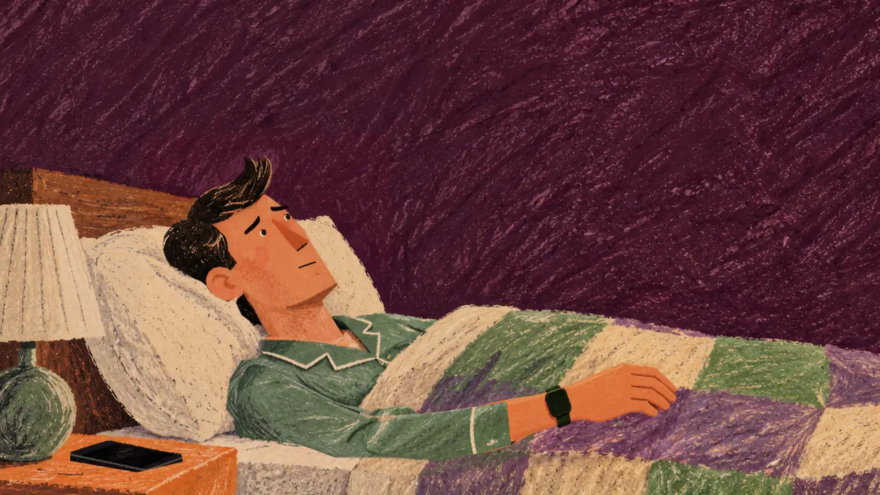 Awake in bed, he glances toward the nightstand out of habit.