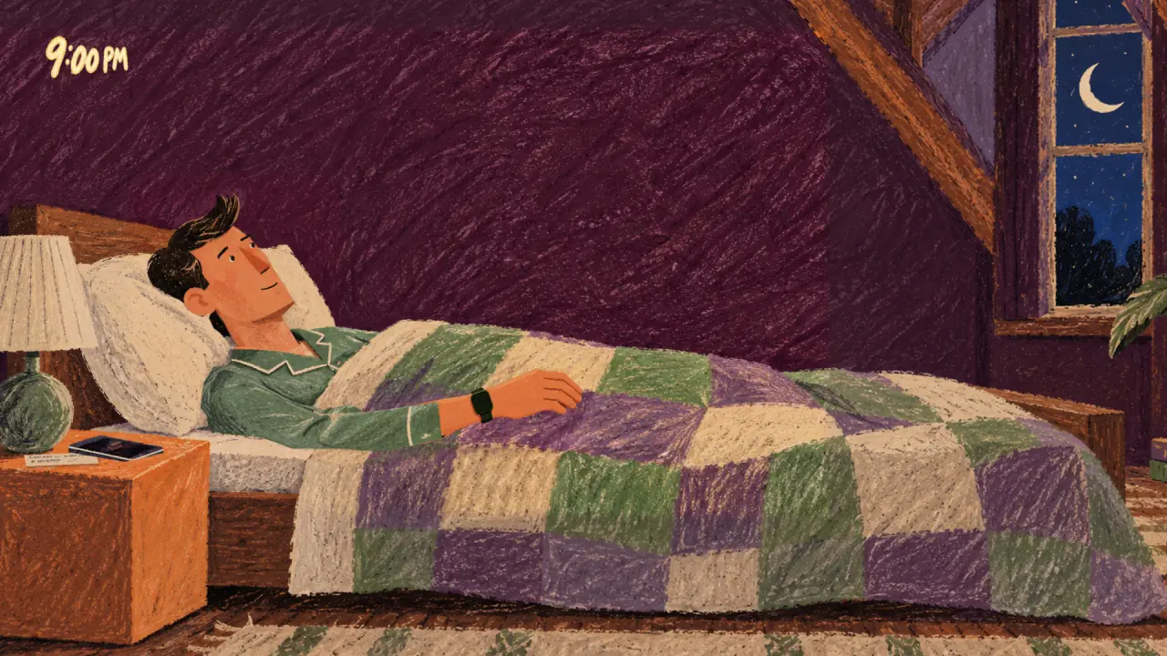 9:00 PM. He lies in bed under the quilt, the lamp still on, the moon in the window.