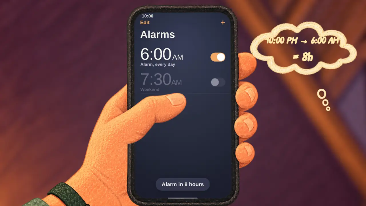 The alarm list: moved to 6:00 AM, Alarm in 8 hours. A thought cloud: 10:00 PM to 6:00 AM equals 8 hours.