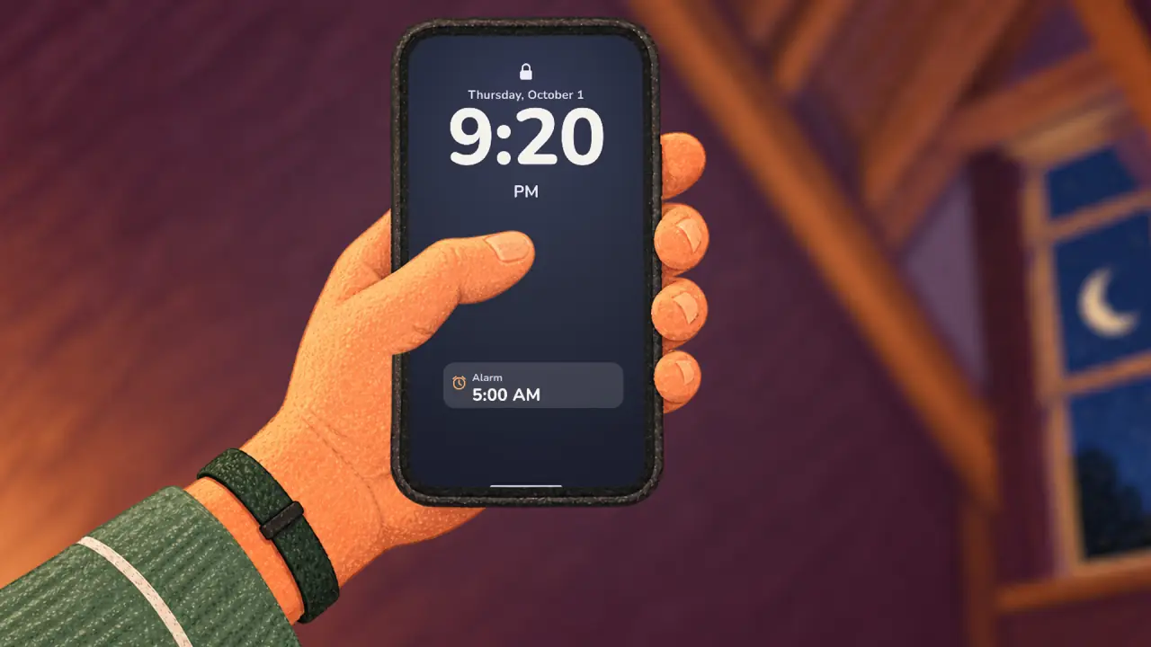 His hand holds the phone. Lock screen: 9:20 PM, alarm 5:00 AM.
