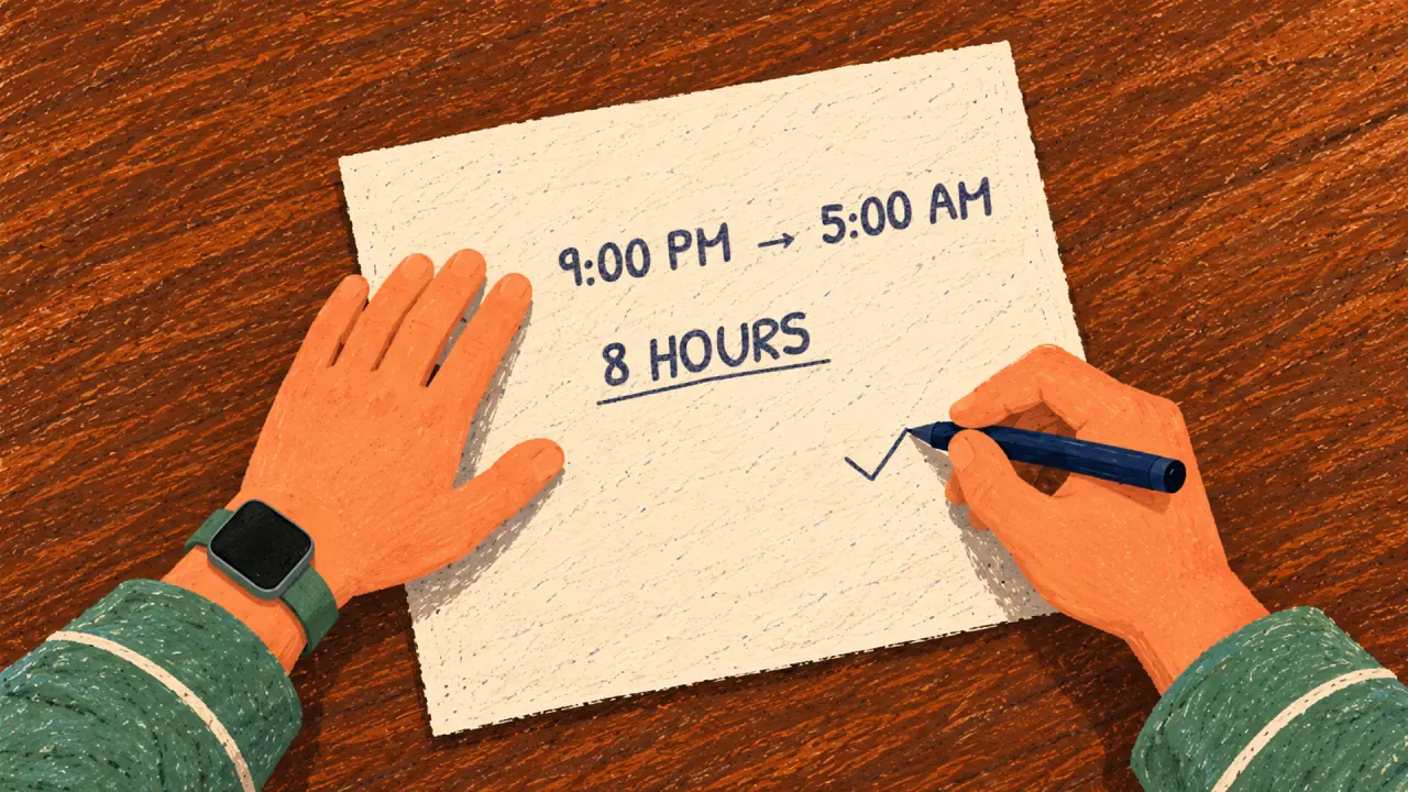 His hand writes the plan on paper: 9:00 PM to 5:00 AM, 8 hours, with a check mark.