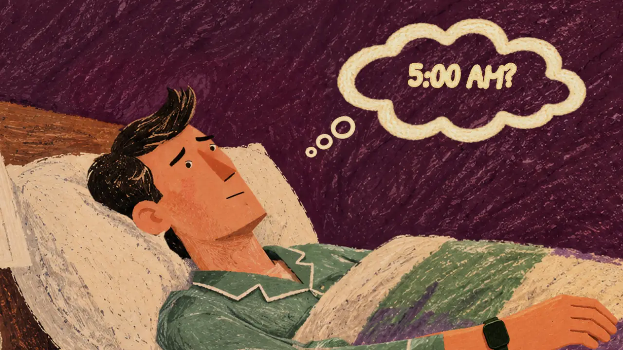 His eyes snap open. A thought cloud: 5:00 AM?