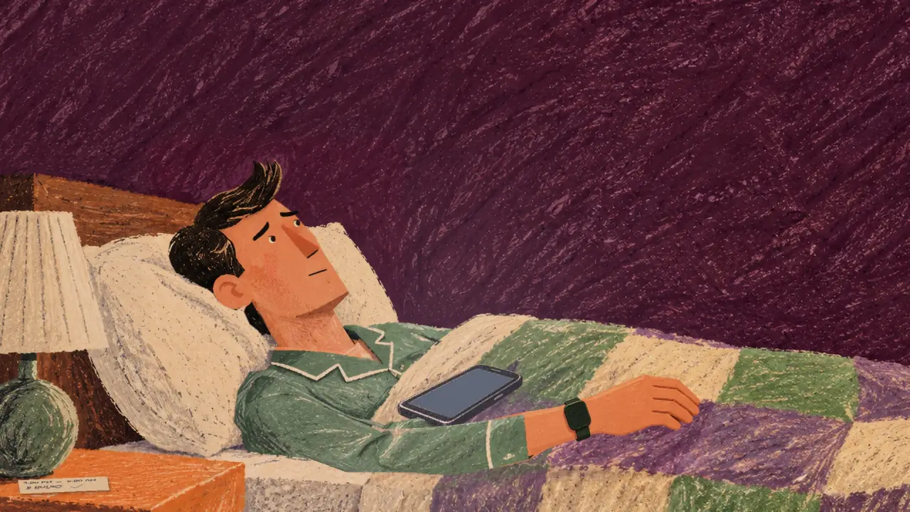 Wide awake, staring up. The phone on his chest still glows.