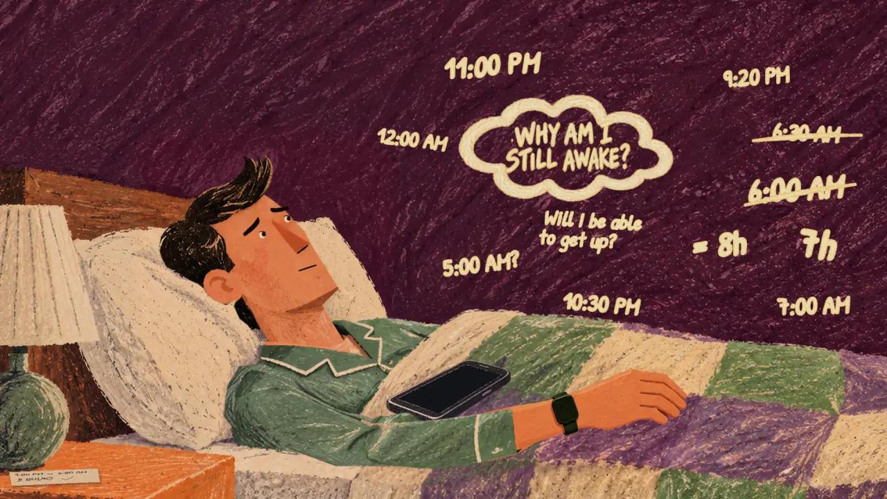 The night’s numbers cover the wall: 9:20 PM, 5:00 AM?, 6:00 AM struck out, 7h, 10:30 PM, = 8h, 7:00 AM, 12:00 AM, and Why am I still awake?