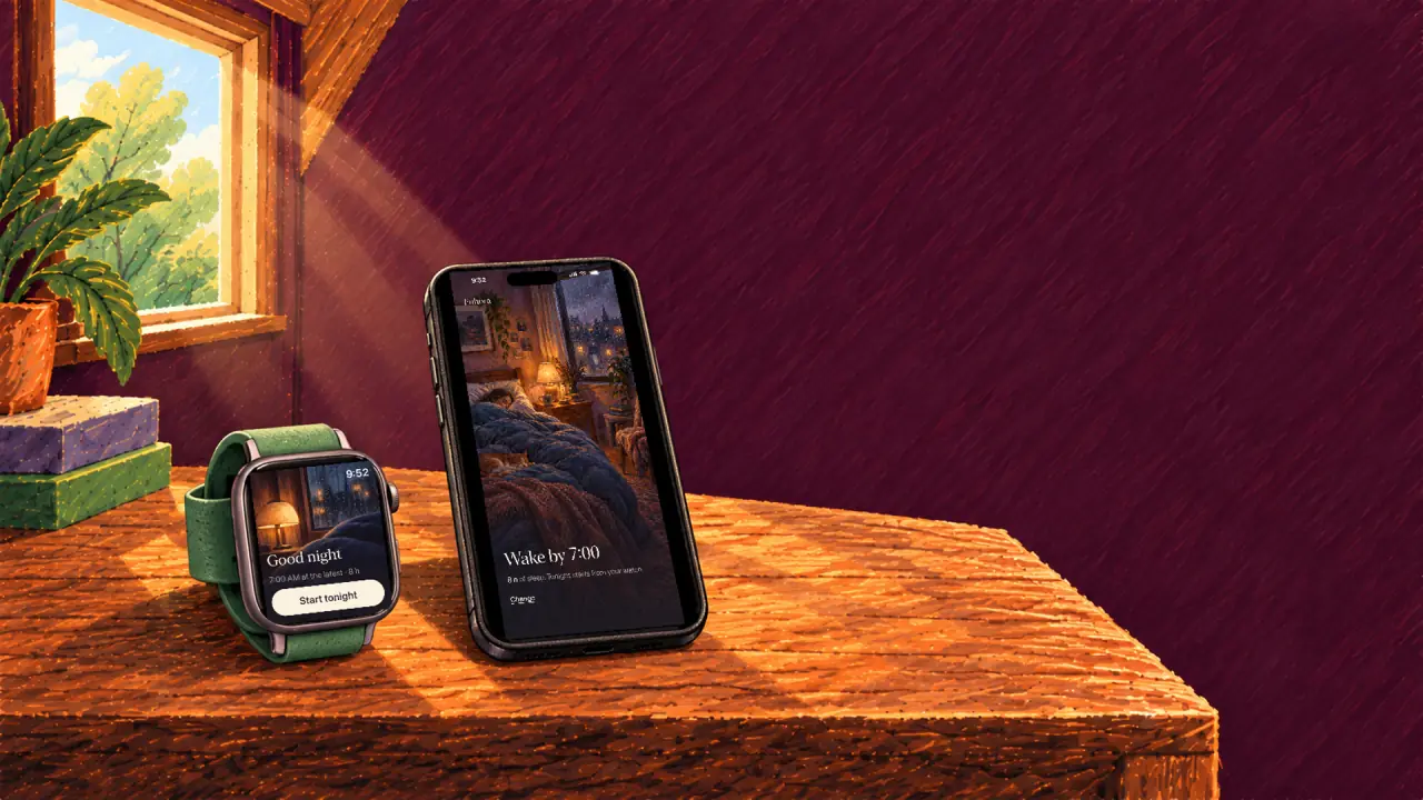 Euhora on the nightstand: the watch and the phone in the morning sun.