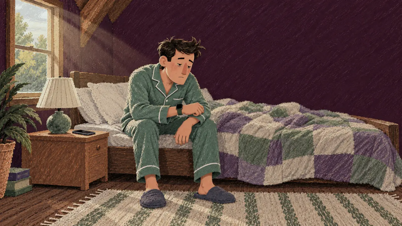 Morning light. He sits on the edge of the bed, exhausted.