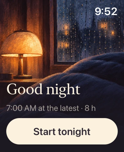 Euhora on Apple Watch: Good night, 7:00 AM at the latest · 8 h, and a Start tonight button.