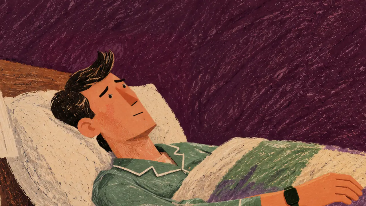 A worried close-up. His eyes slide toward the nightstand.